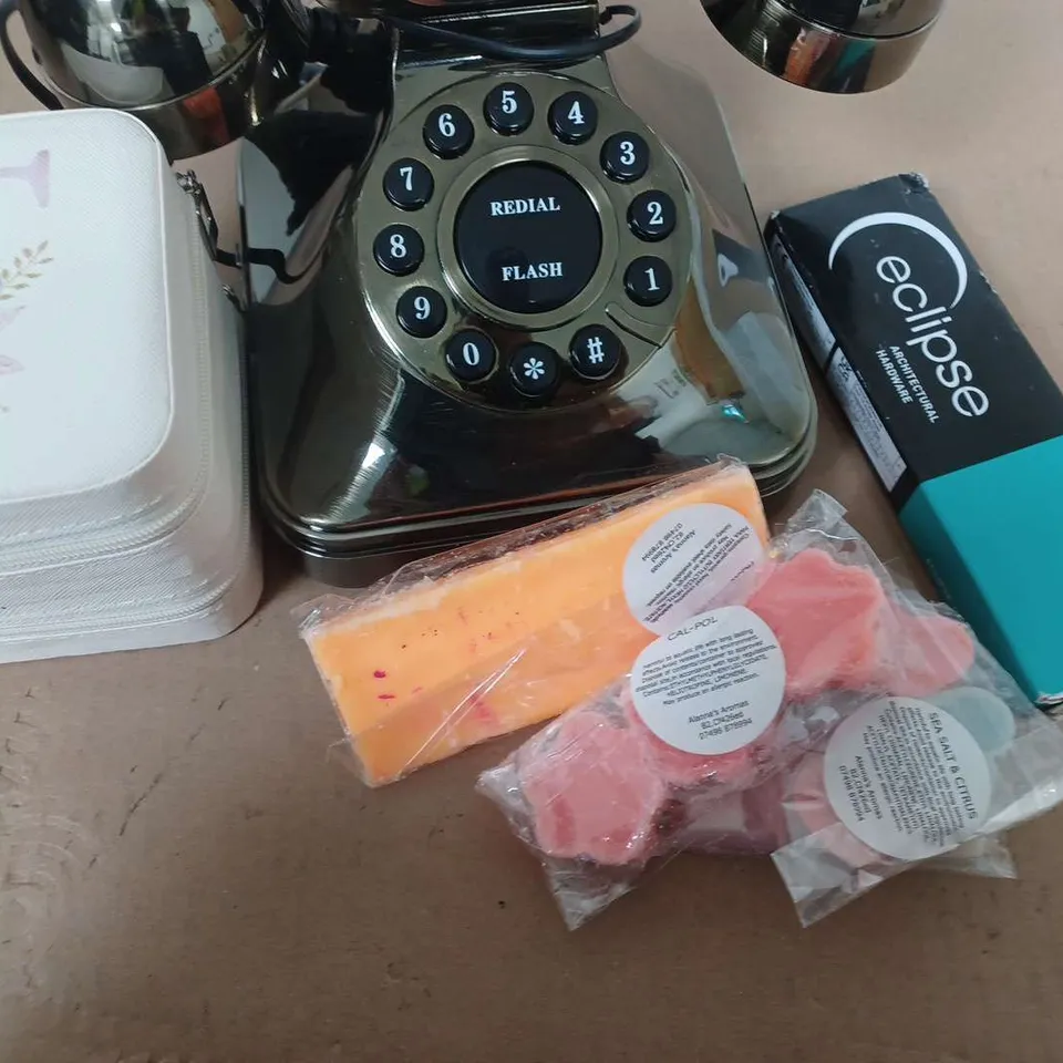 BOX OF ASSORTED HOUSE HOLD ITEMS TO INCLUDE TELE PHONE - WAX MELTS - JEWELRY STORAGE BOX