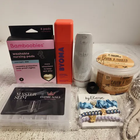 APPROX 12 ASSORTED BEAUTY PRODUCTS TO INCLUDE WASHABLE NURSING PADS, BYOMA MILKY TONER, NONO HAIR REMOVAL DEVICE, ETC