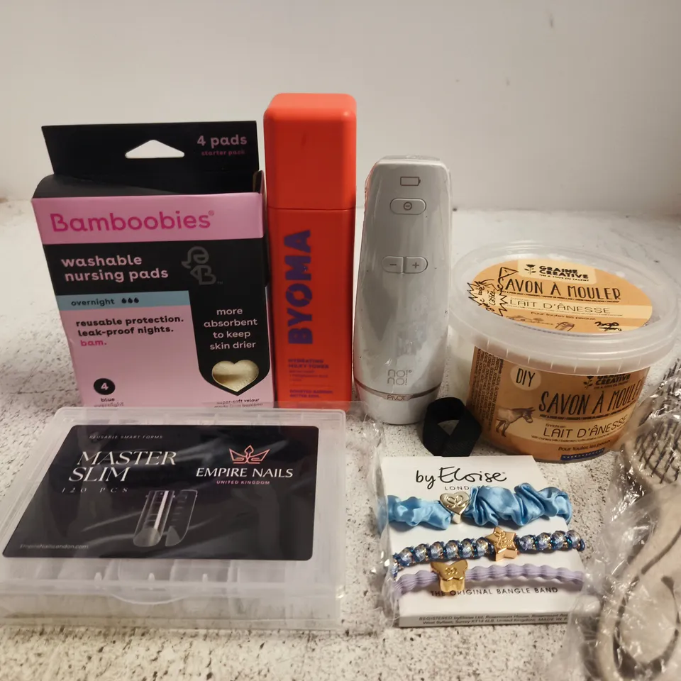 APPROX 12 ASSORTED BEAUTY PRODUCTS TO INCLUDE WASHABLE NURSING PADS, BYOMA MILKY TONER, NONO HAIR REMOVAL DEVICE, ETC