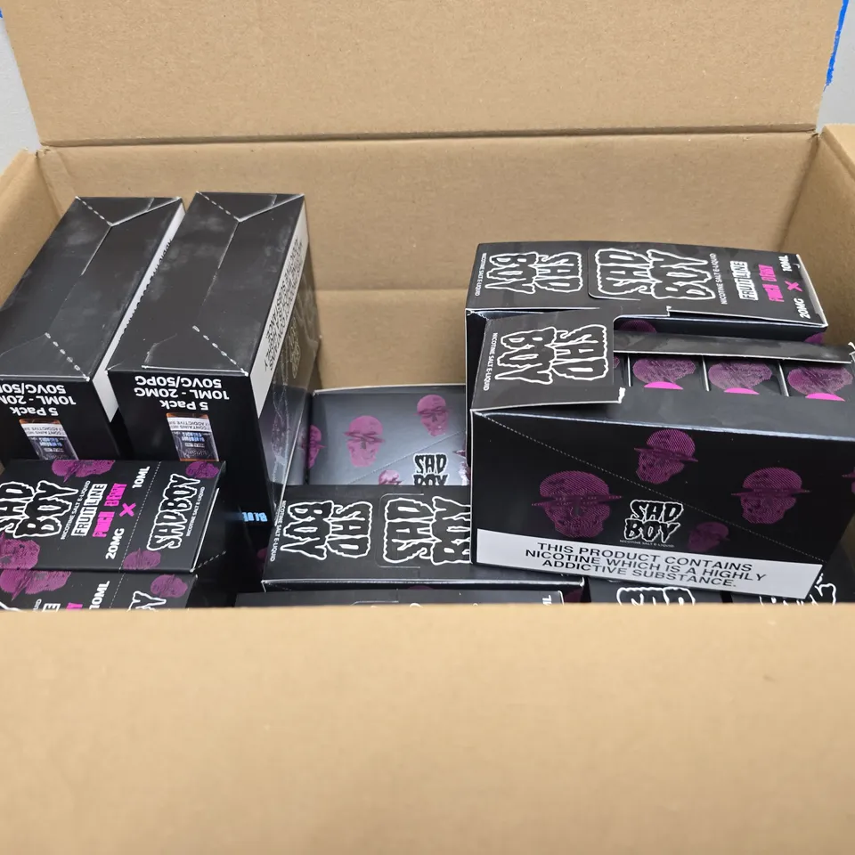 BOX OF APPROXIMATELY 15 ASSORTED SAD BOY E-LIQUID PRODUCTS TO INCLUDE - FRUIT LINE PUNCH BERRY & NOLA LINE BLUEBERRY GRANOLA 