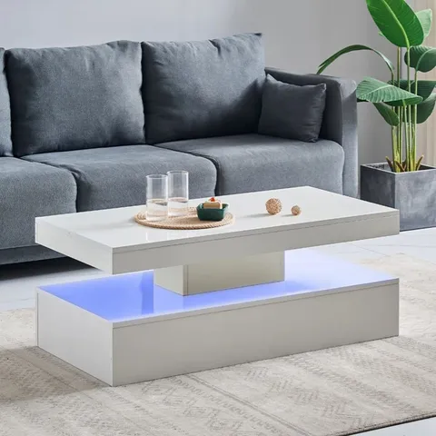 BOXED MODERN LED COFFEE TABLE - HIGH - GLOSS WHITE WITH TEMPERED GLASS