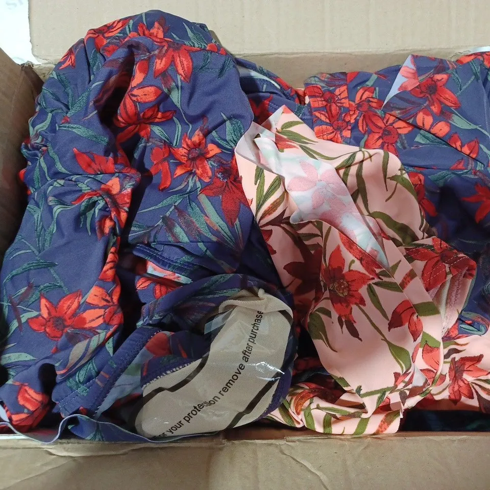SMALL BOX OF ASSORTED CLOTHING ITEMS IN DIFFERENT SIZES AND COLOURS 