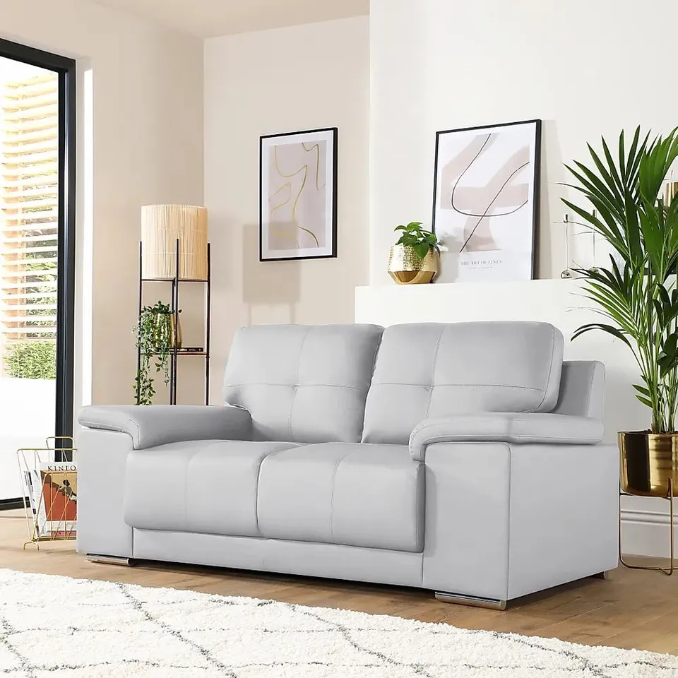 BOXED DESIGNER KANSAS LIGHT GREY LEATHER 2 SEATER SOFA