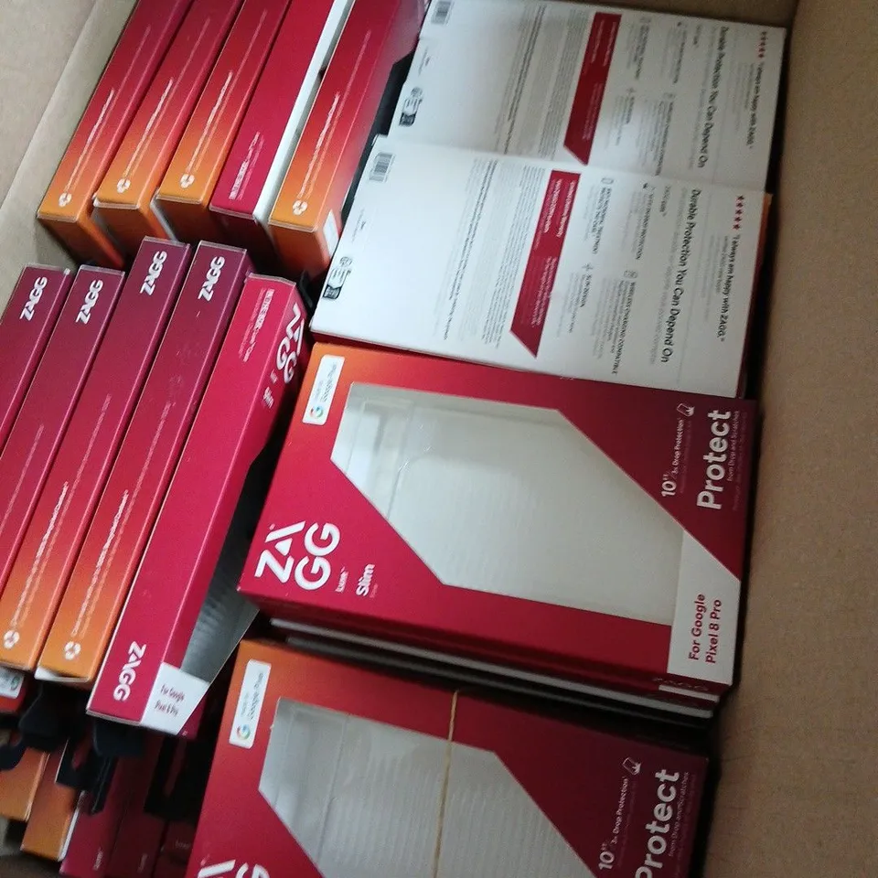 BOX OF APPROXIMATELY 70 ZAGG SLIM SCREEN PROTECTORS FOR GOOGLE PIXEL 8 PRO – ORIGINAL RETAIL PACKAGING 