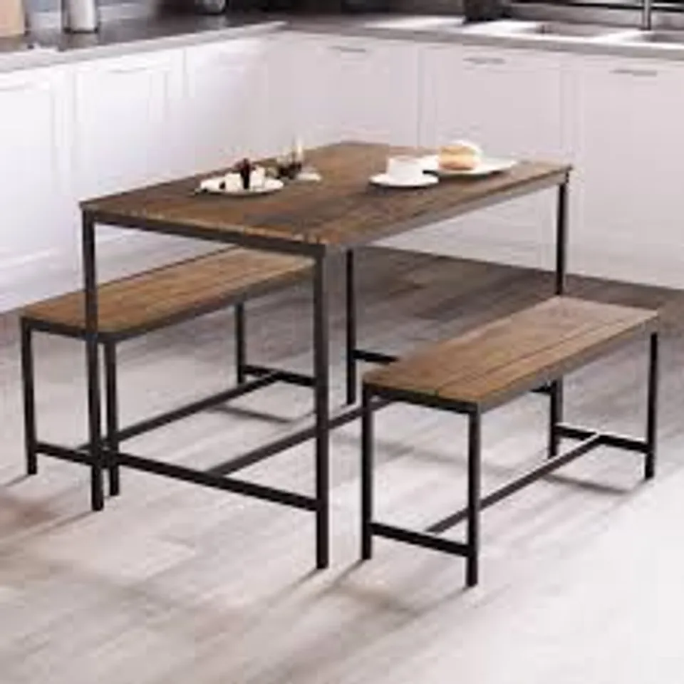 BOXED ROSLYN 4-SEATER DINING TABLE WITH BENCH SET - DARK WOOD