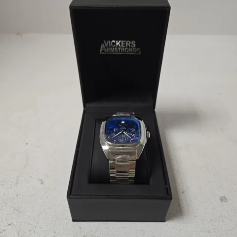 BOXED VICKERS ARMSTRONGS VULCAN STEEL WATCH WITH BLUE DIAL