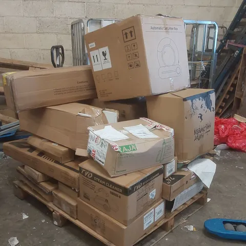 PALLET CONTAINING A LARGE QUANTITY OF ASSORTED ITEMS INCLUDING: STEAM CLEANER, AUTOMATIC CAT LITTER BOX, MONITOR ECT