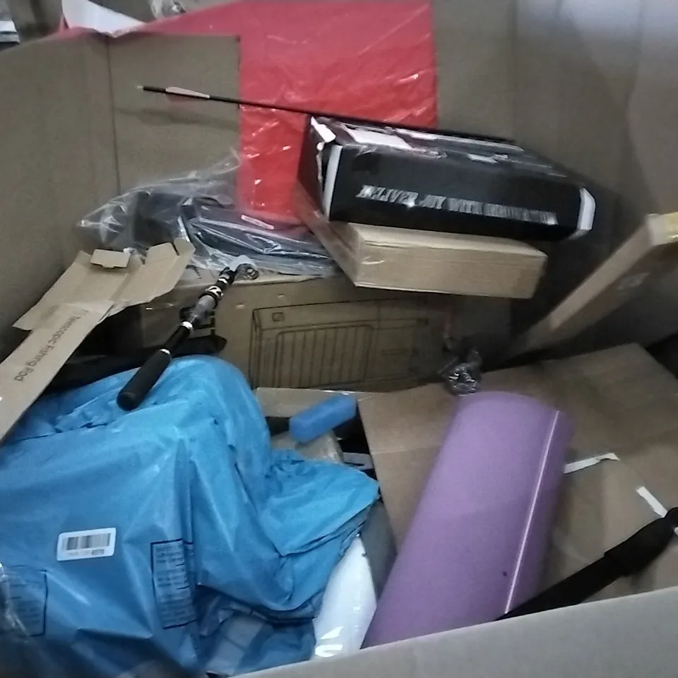 PALLET OF ASSORTED ITEMS INCLUDING AIR COOLER, MULTIFUNCTIONAL LAPTOP TABLE, NULEA ERGONOMIC KEYBOARD, OLSEN & SMITH WIRELESS COMBO, IGNITE SCOOTER, TELESCOPIC FISHING ROD 