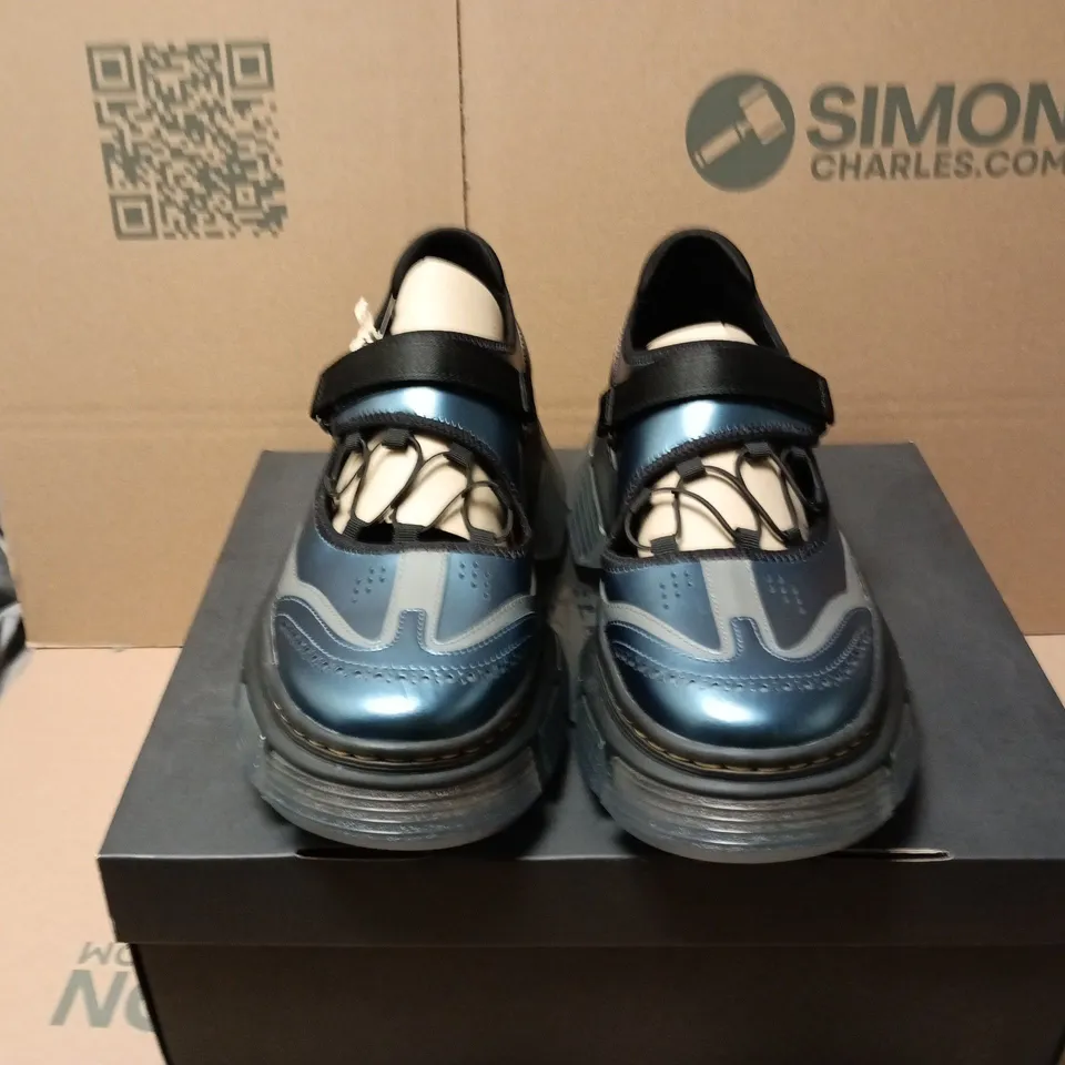 BOXED PAIR OF DR MARTENS MARY JANE LATTICE SHOES IN BLUE SHIMMER & GUNMETAL - UK 9.5