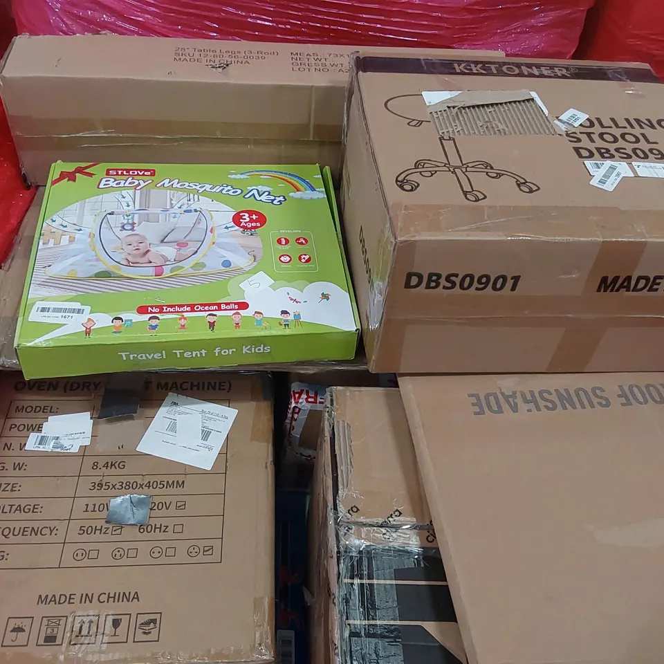 PALLET OF ASSORTED CONSUMER PRODUCTS TO INCLUDE: FOOD DEHYDRATOR, ROLLING STOOL, BABY MOSQUITO NET, COOKER HOOD, CAR SUNROOF SUNSHADE ECT