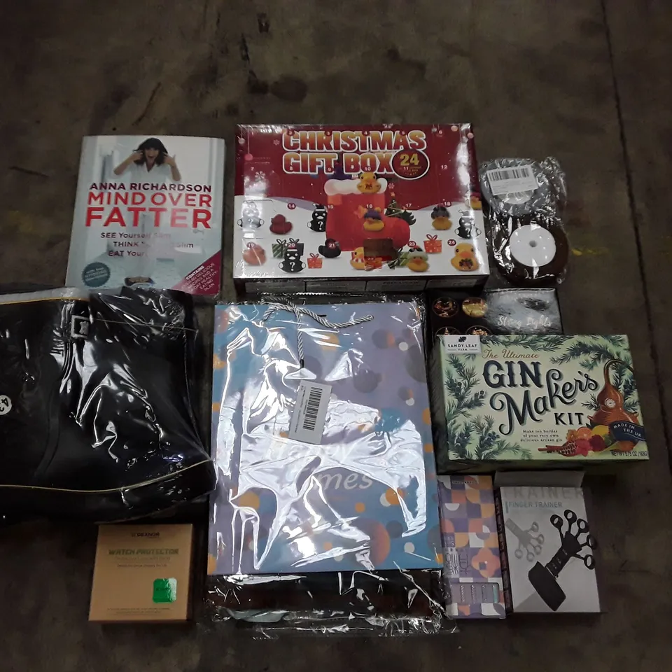 PALLET OF 6 BOXES CONTAINING ASSORTED PRODUCTS INCLUDING GIN MAKERS KIT, FINGER TRAINER, GEL INK PENS, CHRISTMAS GIFT BOX, WATCH PROTECTOR, WOMENS SCARF 