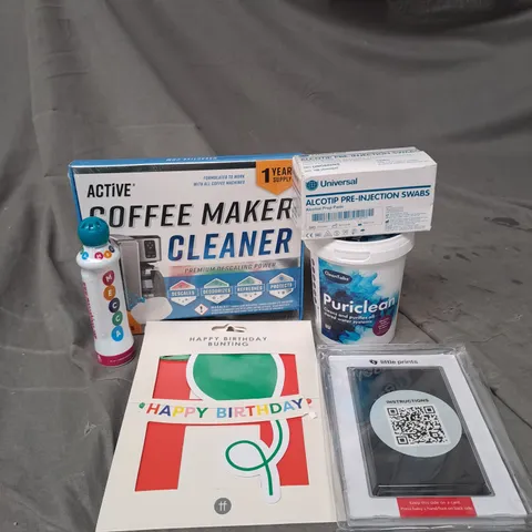 APPROXIMATELY 20 ASSORTED HOUSEHOLD PRODUCTS TO INCLUDE ACTIVE COFFEE MAKER CLEANER, HAPPY BIRTHDAY BANNER AND LITTLE PRINTS INK IMPRINT KIT