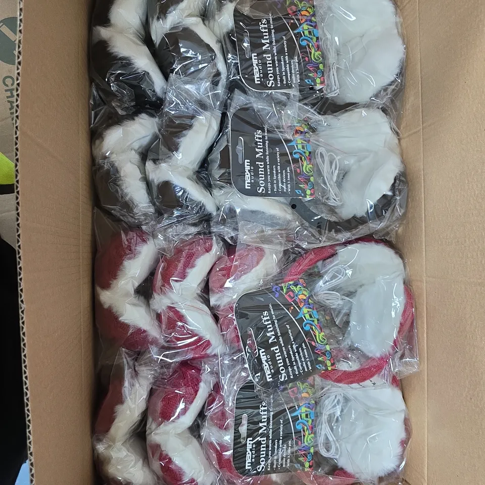 BOX OF APPROXIMATELY 16 MAXIM SOUND MUFFS – MIXTURE OF PINK & BLACK KNITTED EARMUFFS WITH BUILT-IN SPEAKERS (3.5MM)