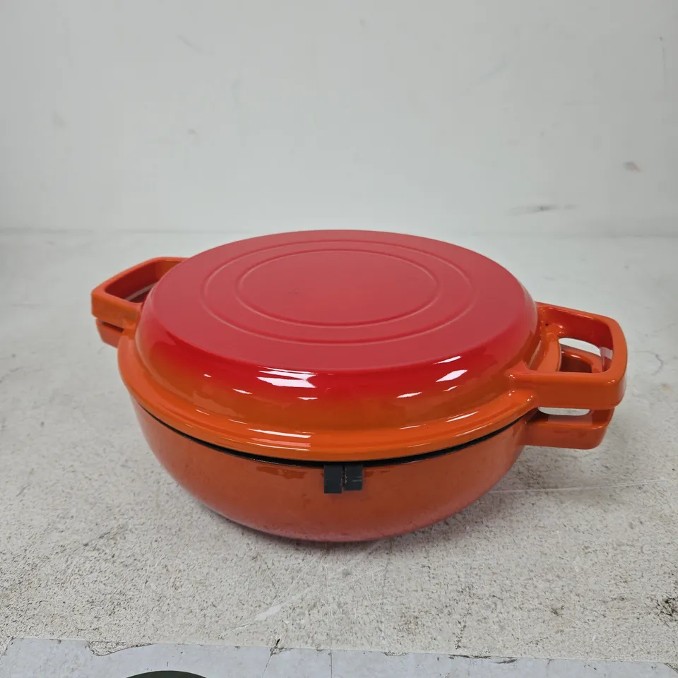 ORANGE ENAMELLED CAST IRON CASSEROLE DISH WITH LID
