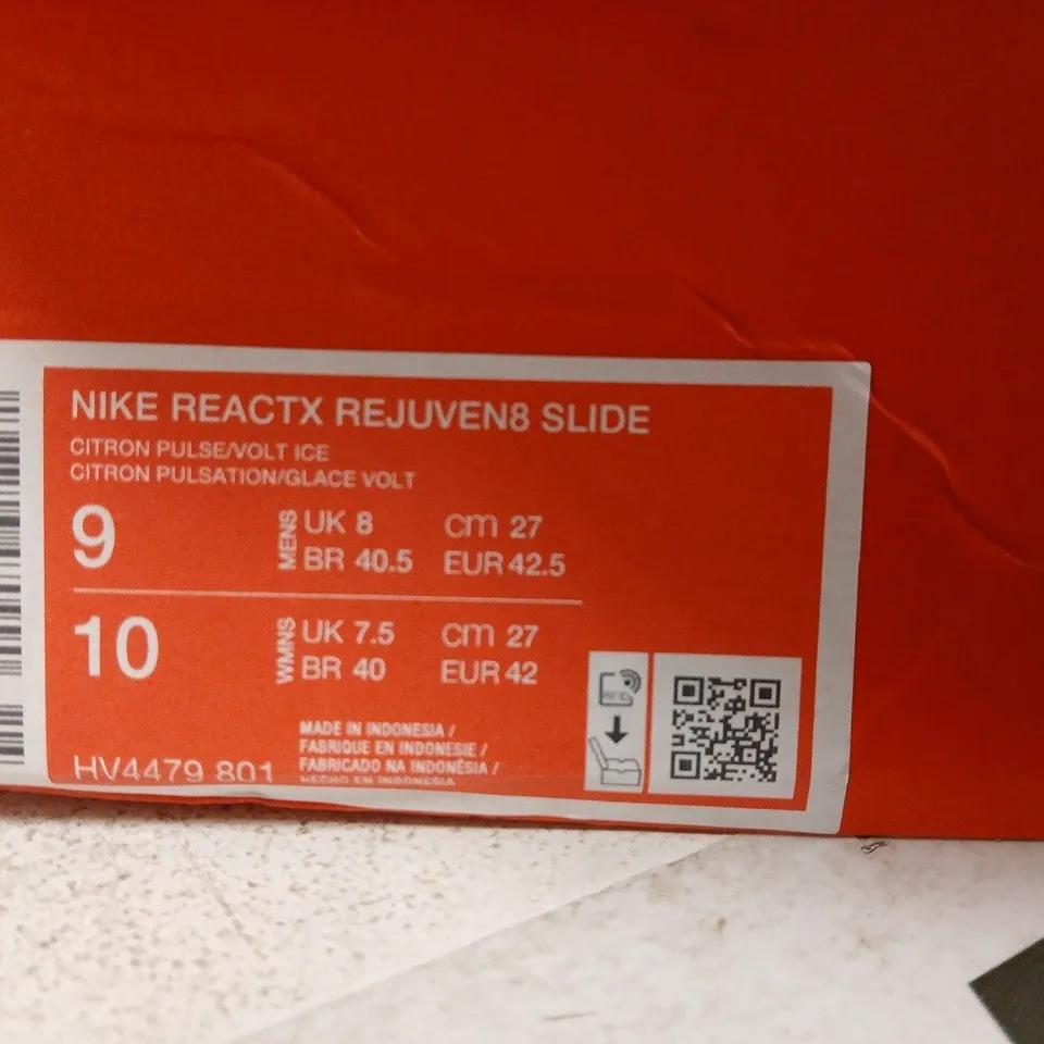 BOXED PAIR OF NIKE REACT X REJUVEN SLIDE – YELLOW, UK 8 