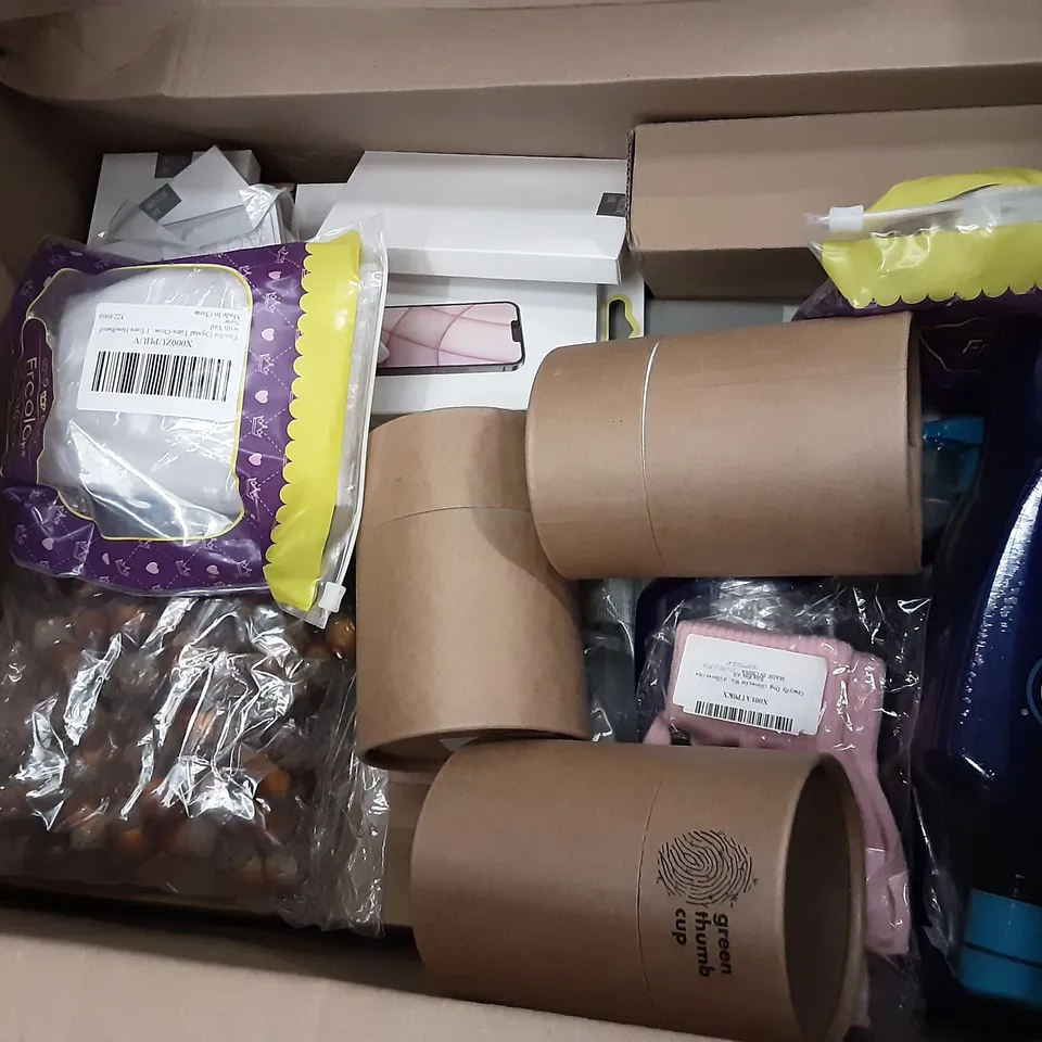 PALLET OF ASSORTED PRODUCTS INCLUDING TEMPERED GLASS FILM FOR PHONE, GREEN THUMB CUP, CRAZYFLY DOG GLOVES, VALENTINES DAY SPOONS GIFT, FACE MASKS, 200PCS CRAFT ACORNS 