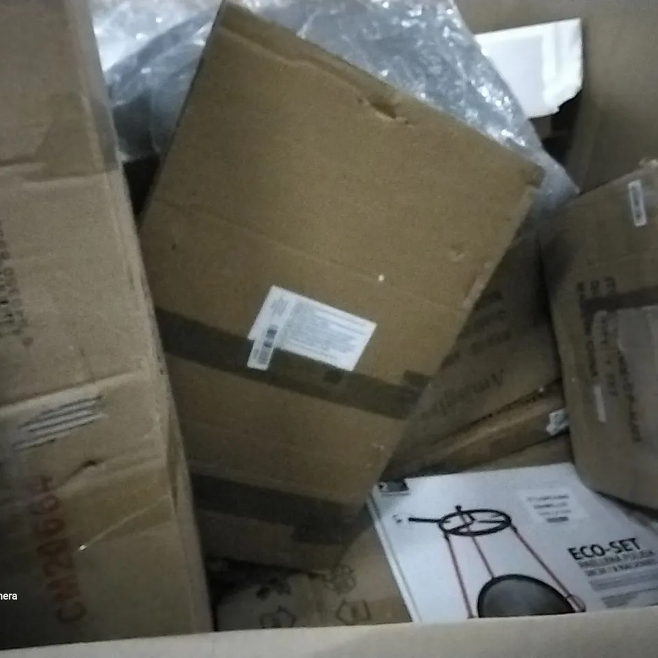 PALLET OF ASSORTED ITEMS INCLUDING TOILET SEAT, WINDOW FILM, MANUAL DRAIN CLEANER, CHANDELIER LIGHT FIXTURE, MAGNIFYING LAMP, ECO SET PAELLE PAN