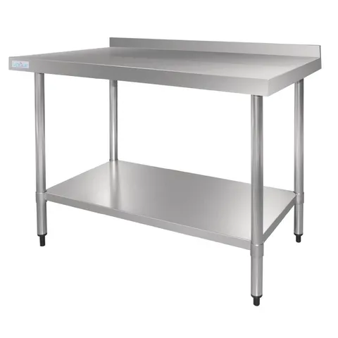 BOXED VOGUE GJ507 STAINLESS STEEL TABLE 1200MM WIDE WITH UPSTAND AND UNDERSHELF, 1.2MM (1 BOX)
