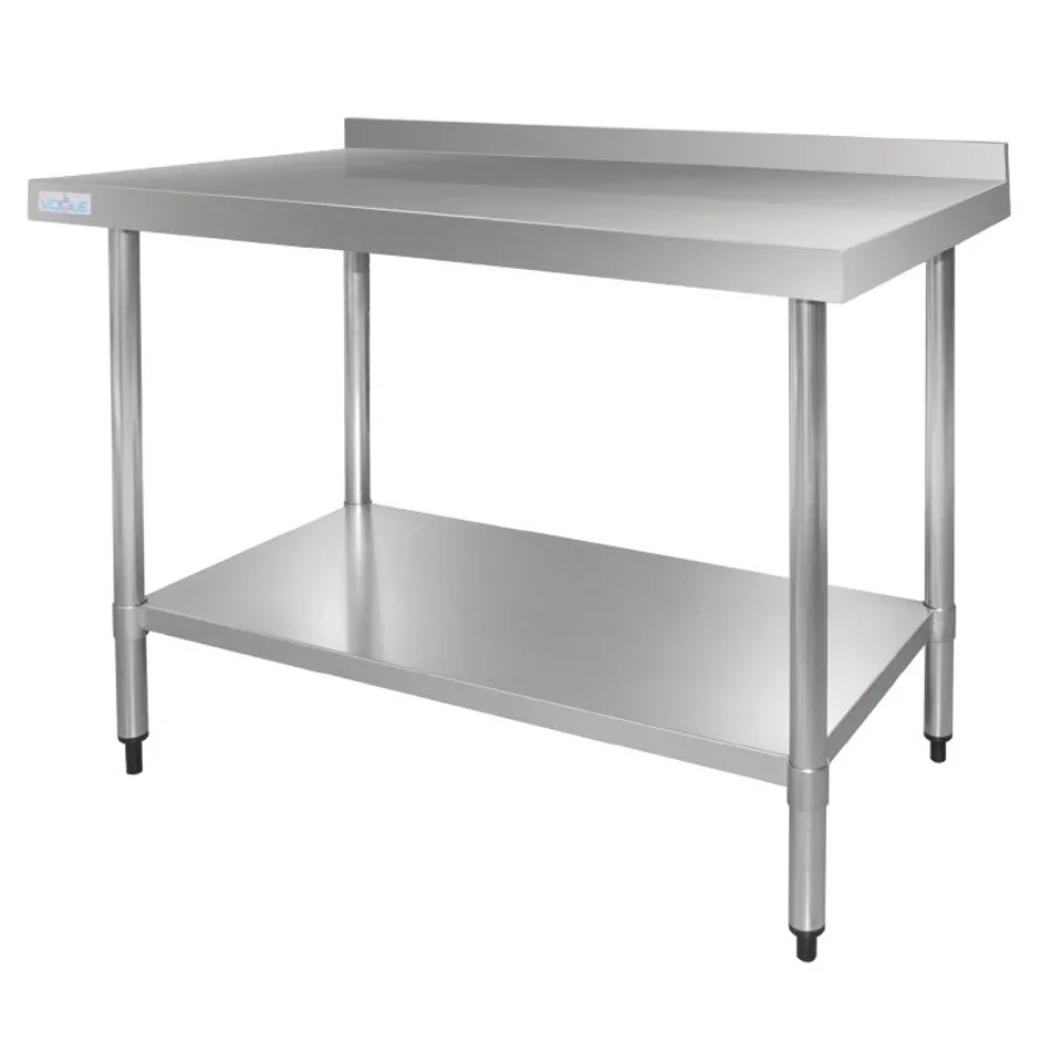 BOXED  VOGUE GJ507 STAINLESS STEEL TABLE 1200MM WIDE WITH UPSTAND AND UNDERSHELF, 1.2MM (1 BOX)