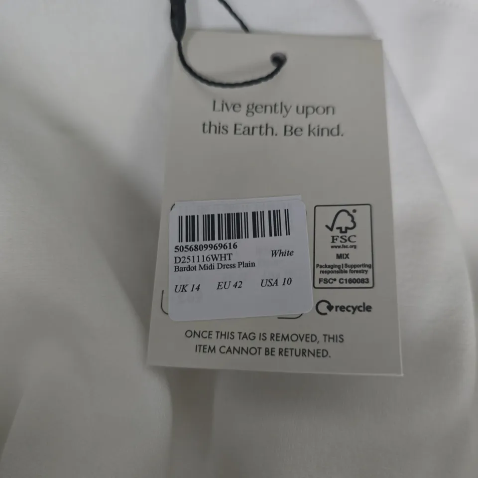 NOBODY'S CHILD WHITE BARDOT MIDI DRESS – UK 14 (EU 42, US 10)