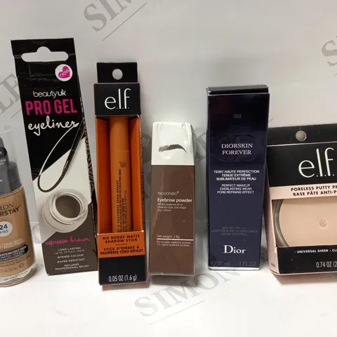 LOT OF 6 ASSORTED MAKEUP PRODUCTS TO INCLUDE DIOR SKIN FOREVER EVER LASTING WEAR MAKEUP - 060 MOCHA, E.L.F PUTTY PRIMER, EYEBROW POWDER, ETC