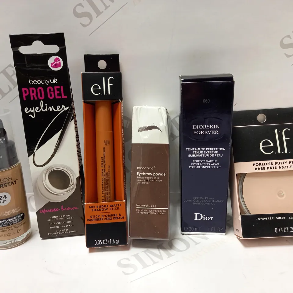 LOT OF 6 ASSORTED MAKEUP PRODUCTS TO INCLUDE DIOR SKIN FOREVER EVER LASTING WEAR MAKEUP - 060 MOCHA, E.L.F PUTTY PRIMER, EYEBROW POWDER, ETC