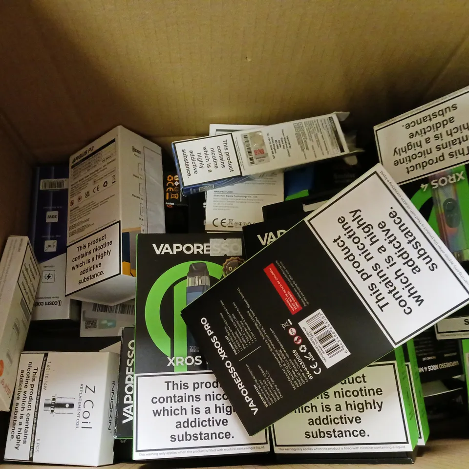 BOX OF APPROXIMATELY 22 ASSORTED E-CIGARETTES TO INCLUDE - VAPORESSO, VOOPOO , ASPIRE ETC