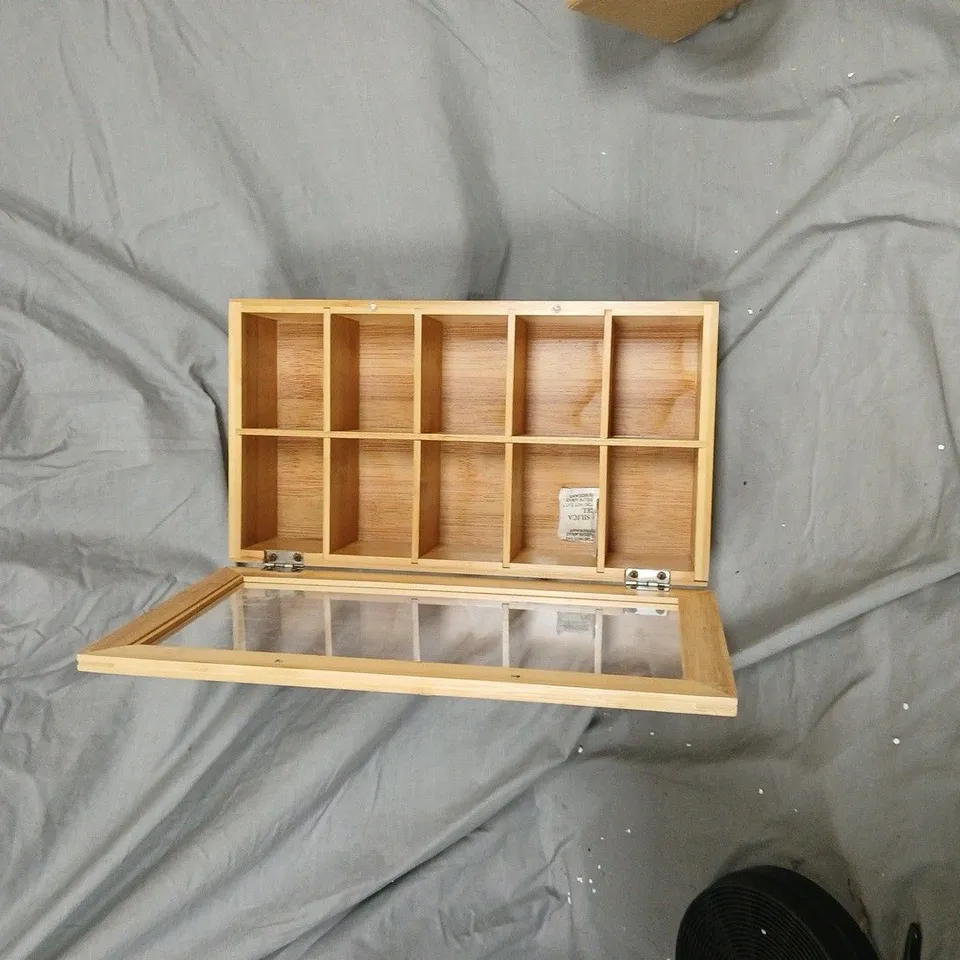 BOXED WOODEN DISPLAY CABINET WITH GLASS FRONT, 12 COMPARTMENTS