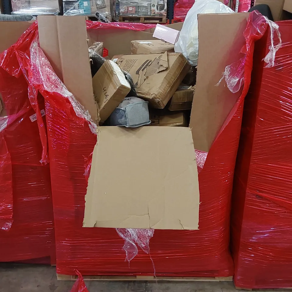 PALLET OF ASSORTED HOUSEHOLD ITEMS AND CONSUMER PRODUCTS. INCLUDING; BAGS, PULL-UP BARS, AEROBIC STEPS ETC