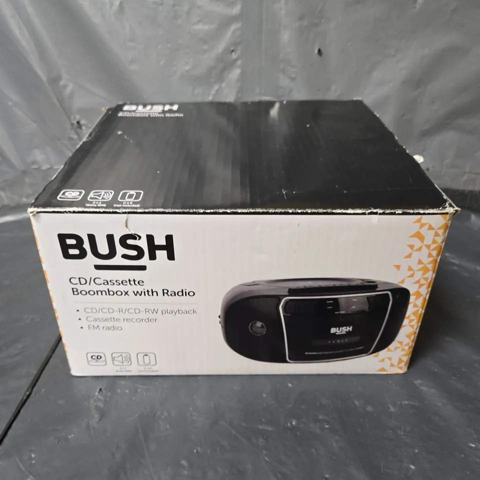 BOXED BUSH CD/CASSETTE BOOMBOX WITH RADIO IN BLACK