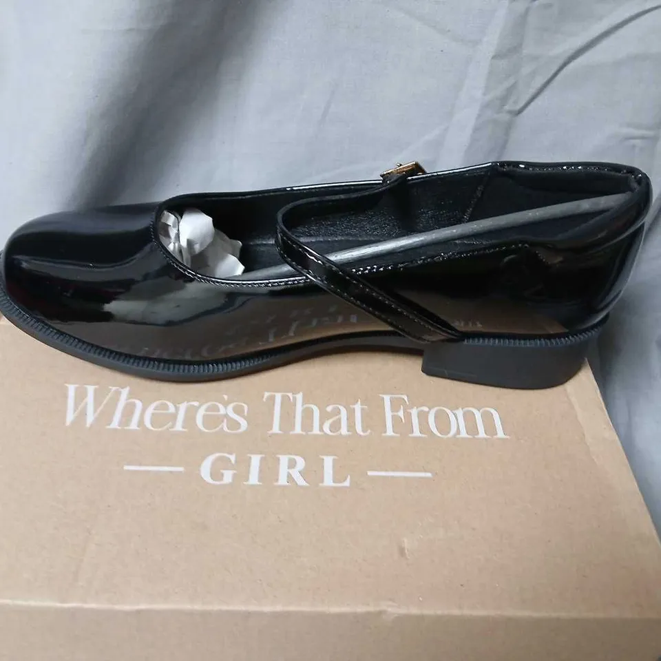 WOMEN'S BLACK PATENT MARY JANE SHOES – WHERE'S THAT FROM GIRL – E WIDE FIT (US 7, EU 38)UK 5