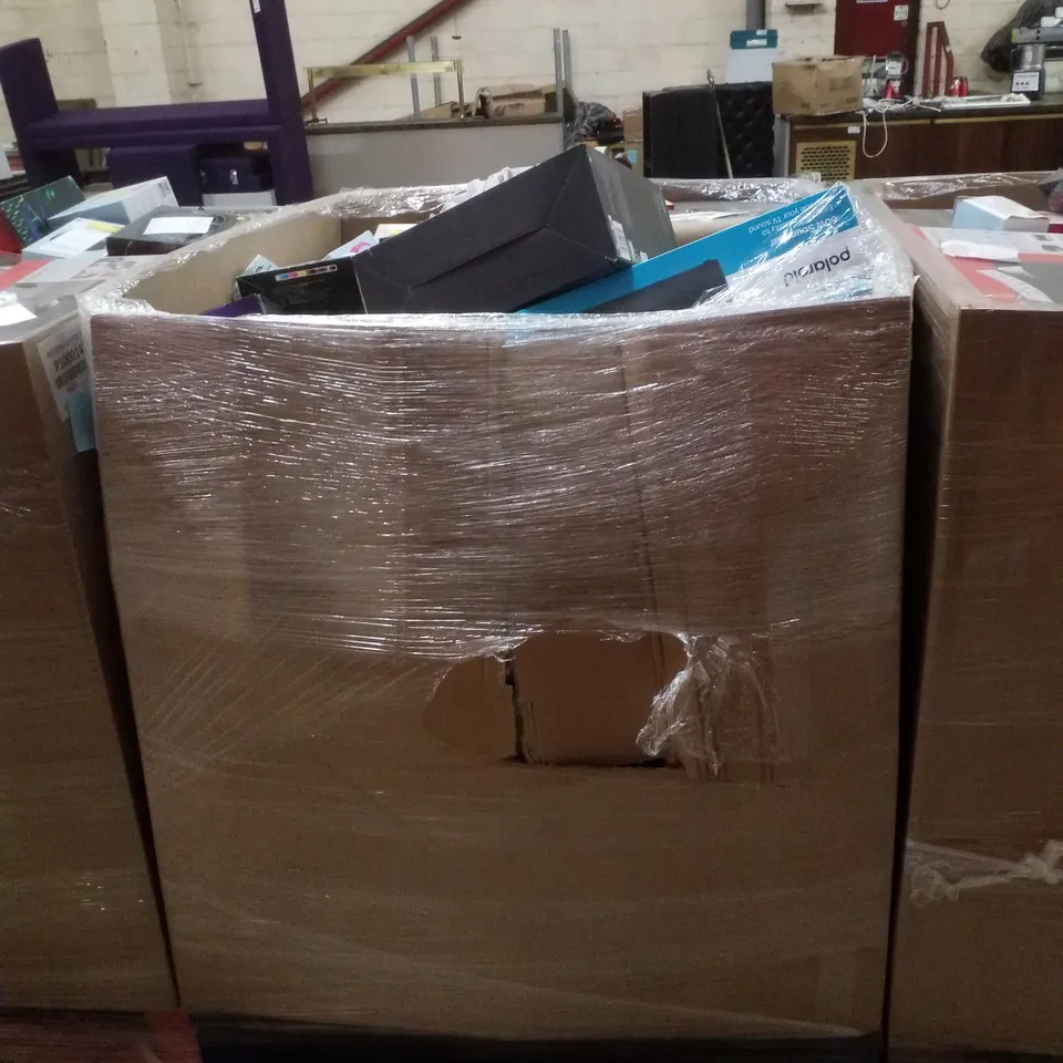 PALLET CONTAINING ASSORTED ELECTRICAL RETURNS INCLUDING BLUETOOTH CD BOOMBOX, CANON PIXMA PRINTER, WIRELESS HEADPHONES, 60W SOUNDBAR & BLUETOOTH BOOKSHELF SPEAKER