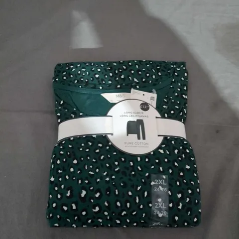M&S PURE COTTON LONG SLEEVE PYJAMA SET – GREEN LEOPARD PRINT, 2XL UK 24-26