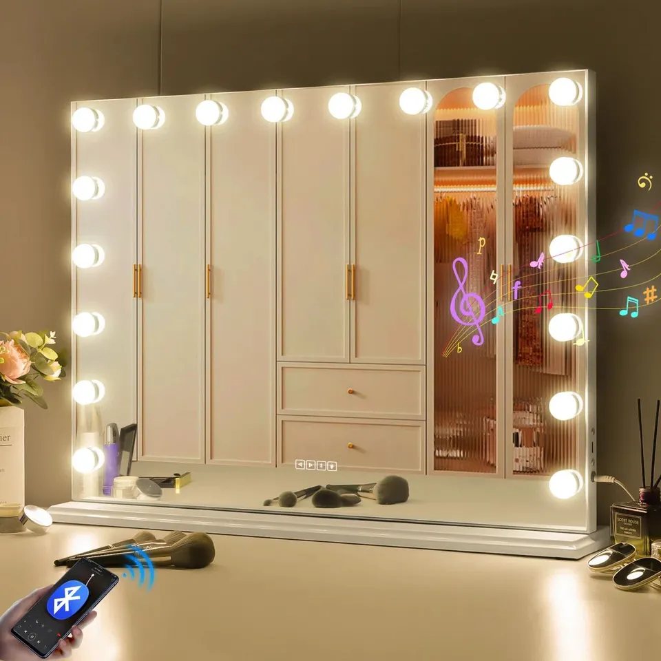 BOXED VANITY MAGNIFYING LIGHTED METAL FRAMED MAKEUP MIRROR IN WHITE