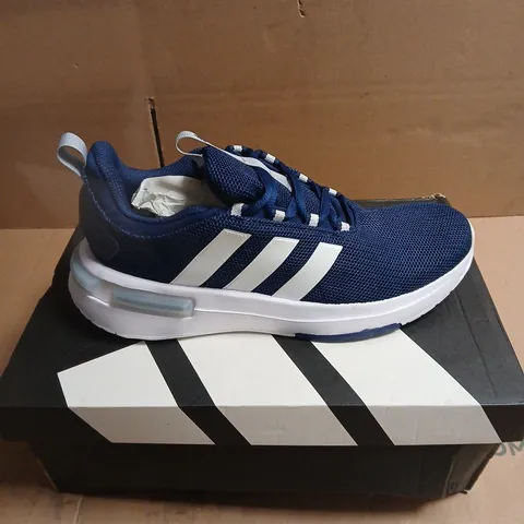 ADIDAS NAVY BLUE MESH TRAINERS WITH WHITE STRIPES BOXED SIZE 6