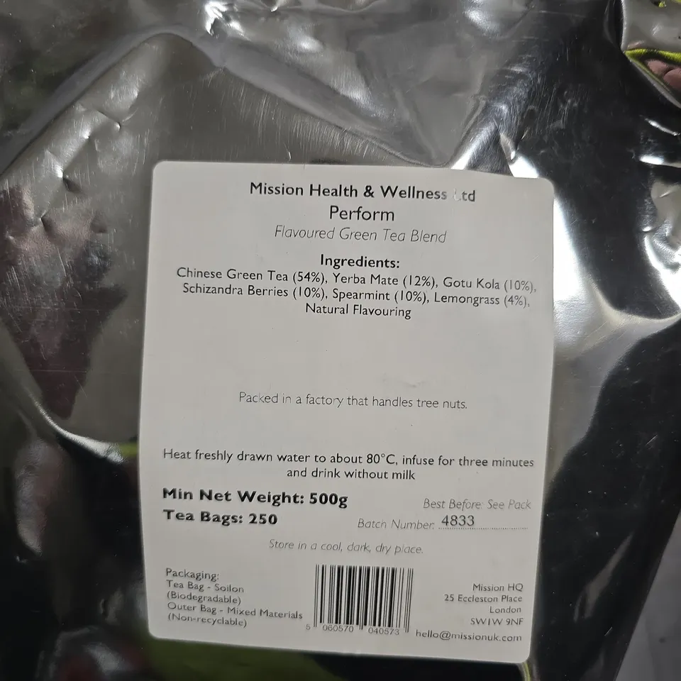 MISSION HEALTH & WELLNESS LTD PERFORM FLAVOURED GREEN TEA BLEND – 500G (250 TEA BAGS)