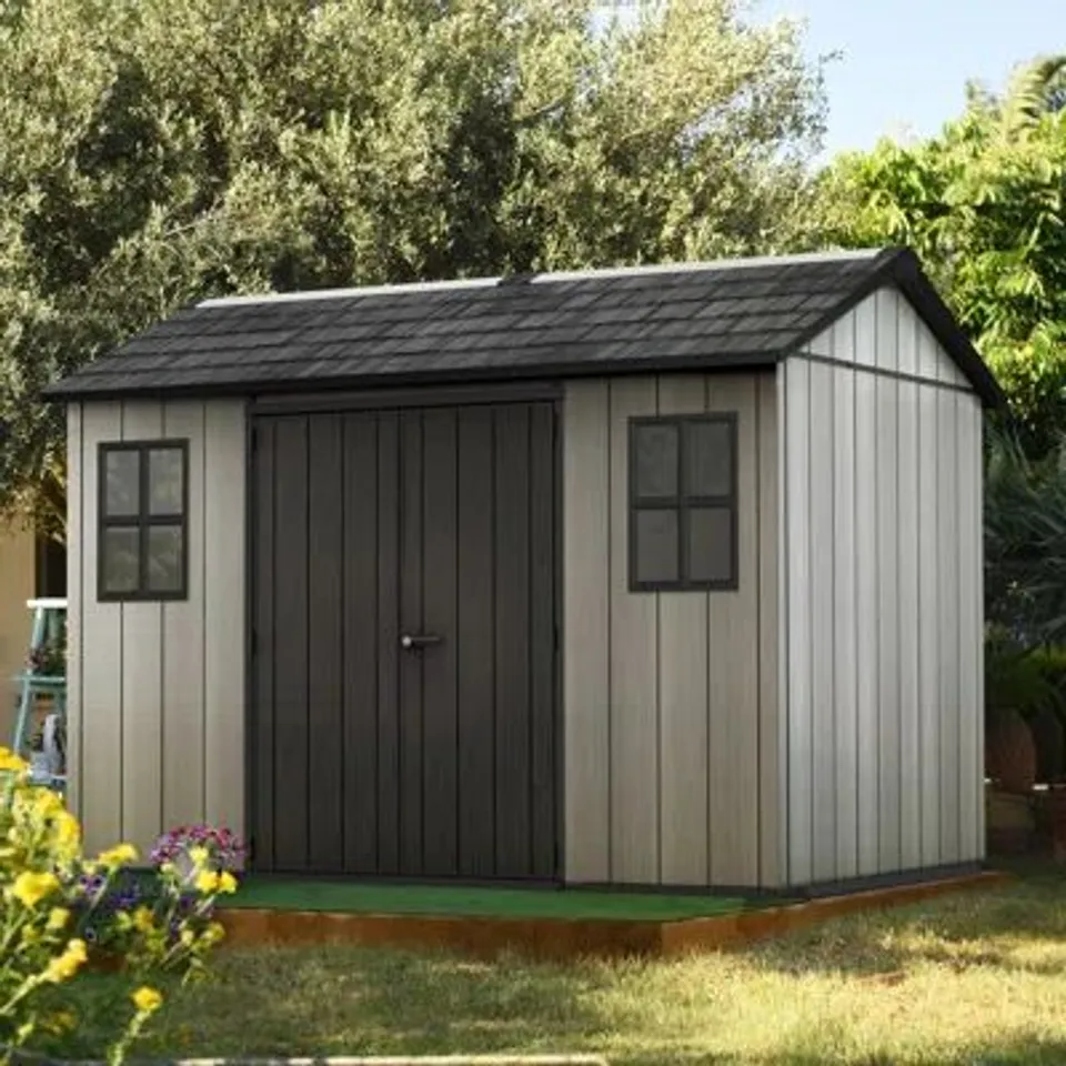 BOXED KETER OAKLAND 11FT W × 7FT D APEX OUTDOOR GARDEN SHED (3 BOXES)