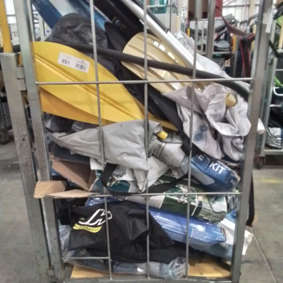 CAGE OF UNTESTED ASSORTED INFLATABLE KAYAKS AND ACCESSORIES 
