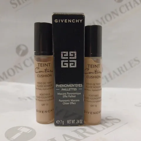 BOX OF APPROX 12 ASSORTED GIVENCHY PRODUCTS TO INCLUDE PANORAMIC MASCARA #PLUM SPARKLES & TEINT COUTURE CUSHION FLUID FOUNDATION SAMPLES #2 FRESH SHELL