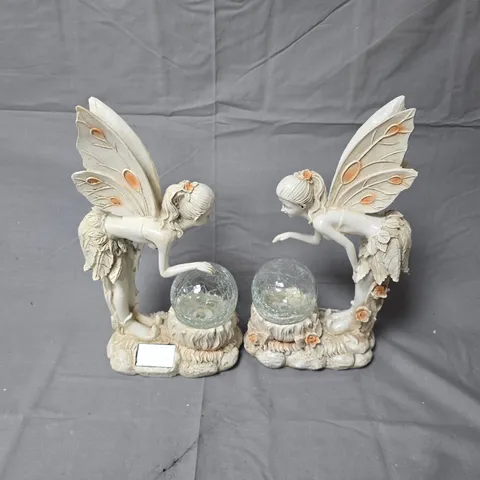 PAIR OF WHITE FAIRY GARDEN ORNAMENTS WITH CRACKLE GLASS GLOBES