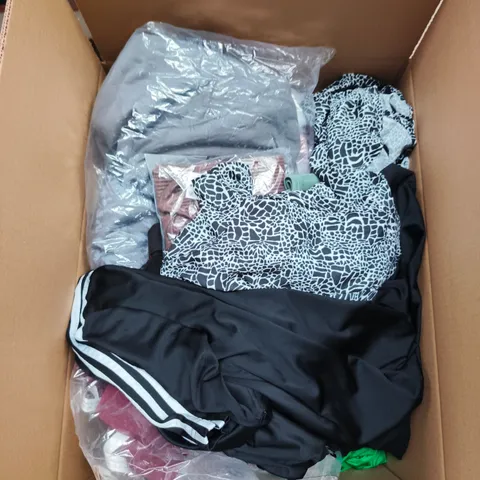 LARGE BOX OF APPROXIMATELY 25 ASSORTED CLOTHING ITEMS IN VARIOUS COLOURS, STYLES AND SIZES - COLLECTION ONLY