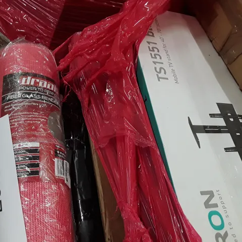 PALLET OF ASSORTED PRODUCTS INCLUDING TV STAND FOR 40"-70" SCREEN, FIBER GLASS RENDER MESH, 3' SINGLE BED