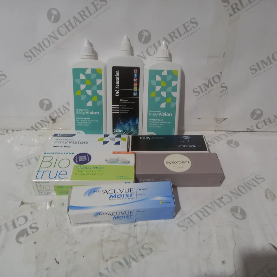 BOX OF APPROXIMATELY 30 ASSORTED CONTACT LENSES AND EYE TREATMENT TO NCLUDE EASY VISION, EYE EXPERT AND BIO TRUE