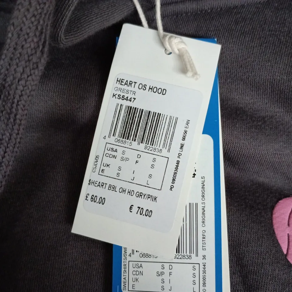 ADIDAS HOODIE – GREY WITH PINK HEART BACK PRINT - SMALL