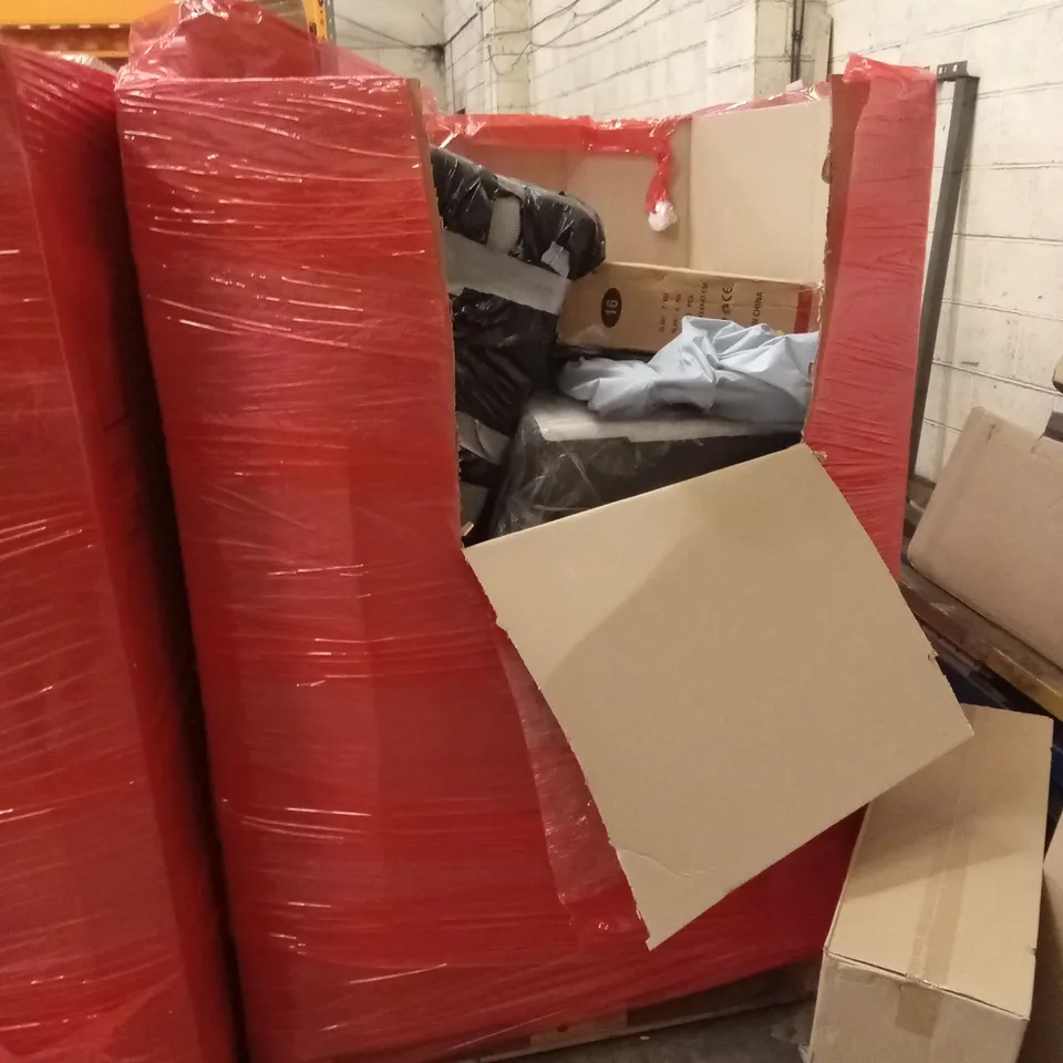 PALLET OF ASSORTED HOUSEHOLD GOODS AND PRODUCTS TO INCLUDE; CHILDRENS BIKE, ELECTRIC CLOTHES DRYER, BED PRODUCTS ETC