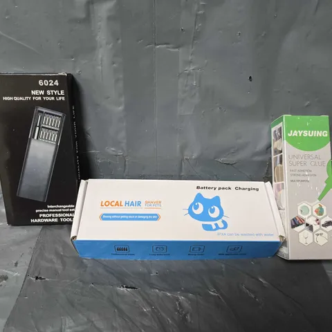 APPROXIMATELY 15 ASSORTED ITEMS TO INCLUDE -JAYSUNG SUPER GLUE , LOCAL HAIR SHAVER FOR PETS , PROFESSIONAL HARDWARE ETC