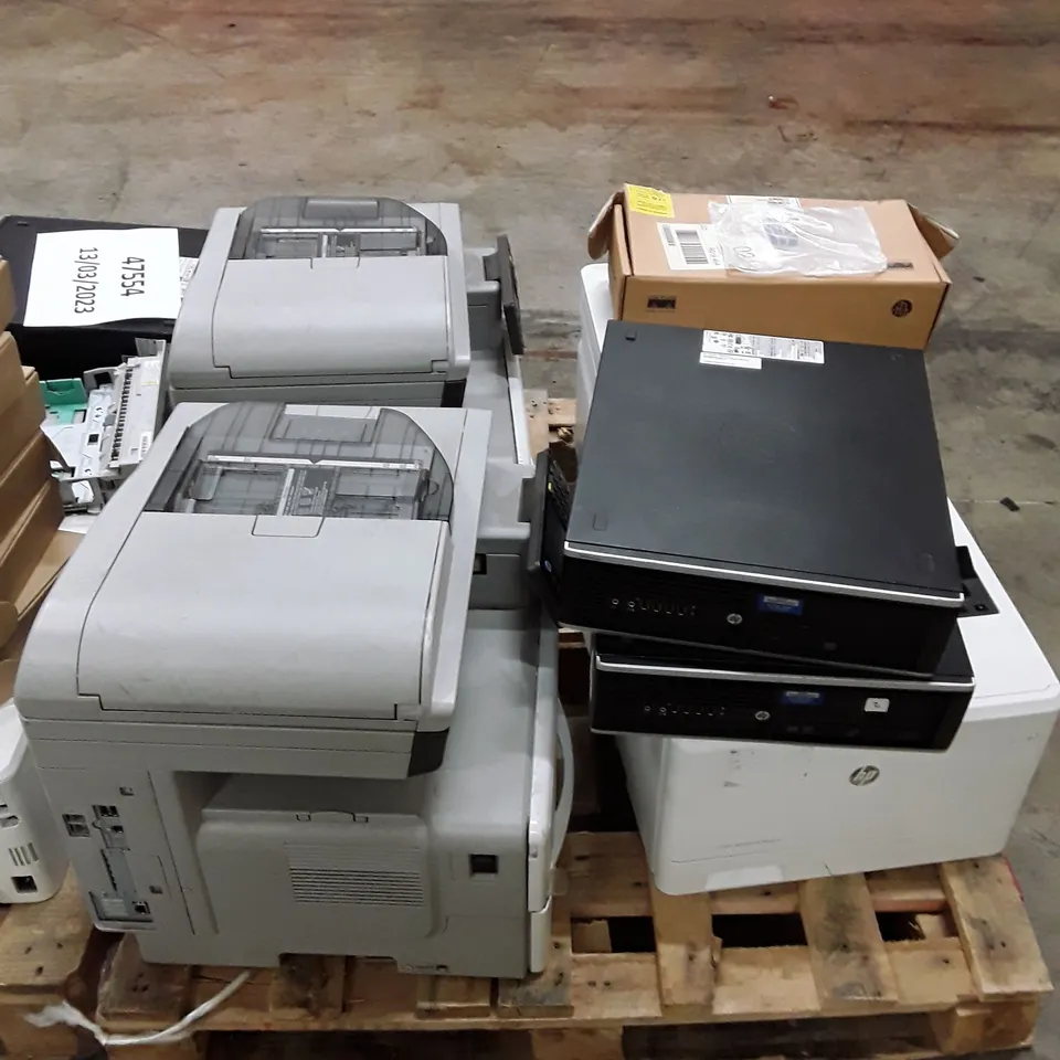 PALLET OF ASSORTED OFFICE EQUIPMENT INCLUDING PRINTERS, DESKTOPS AND ROUTE