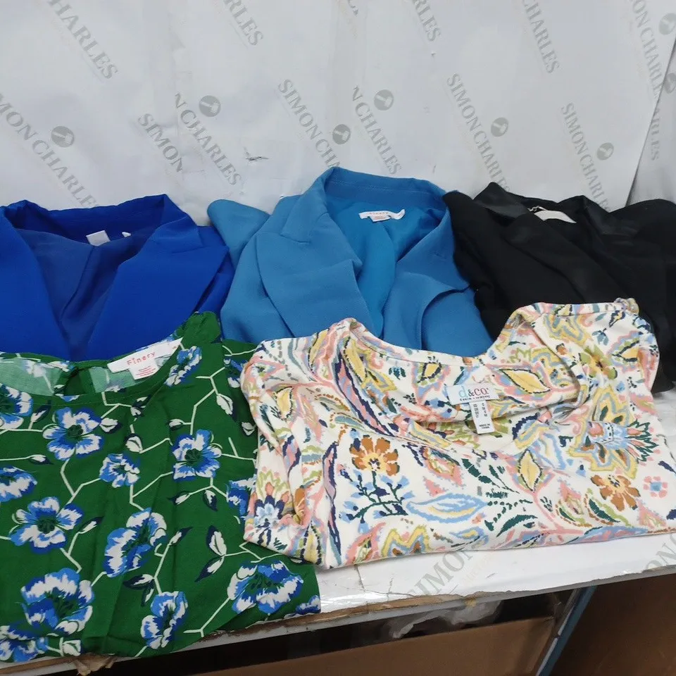 LARGE BOX OF ASSORTED CLOTHING ITEMS TOO INCLUDE TOPS , DRESSES AND BLAZERS COMING IN DIFFERENT COLOURS AND SIZES 