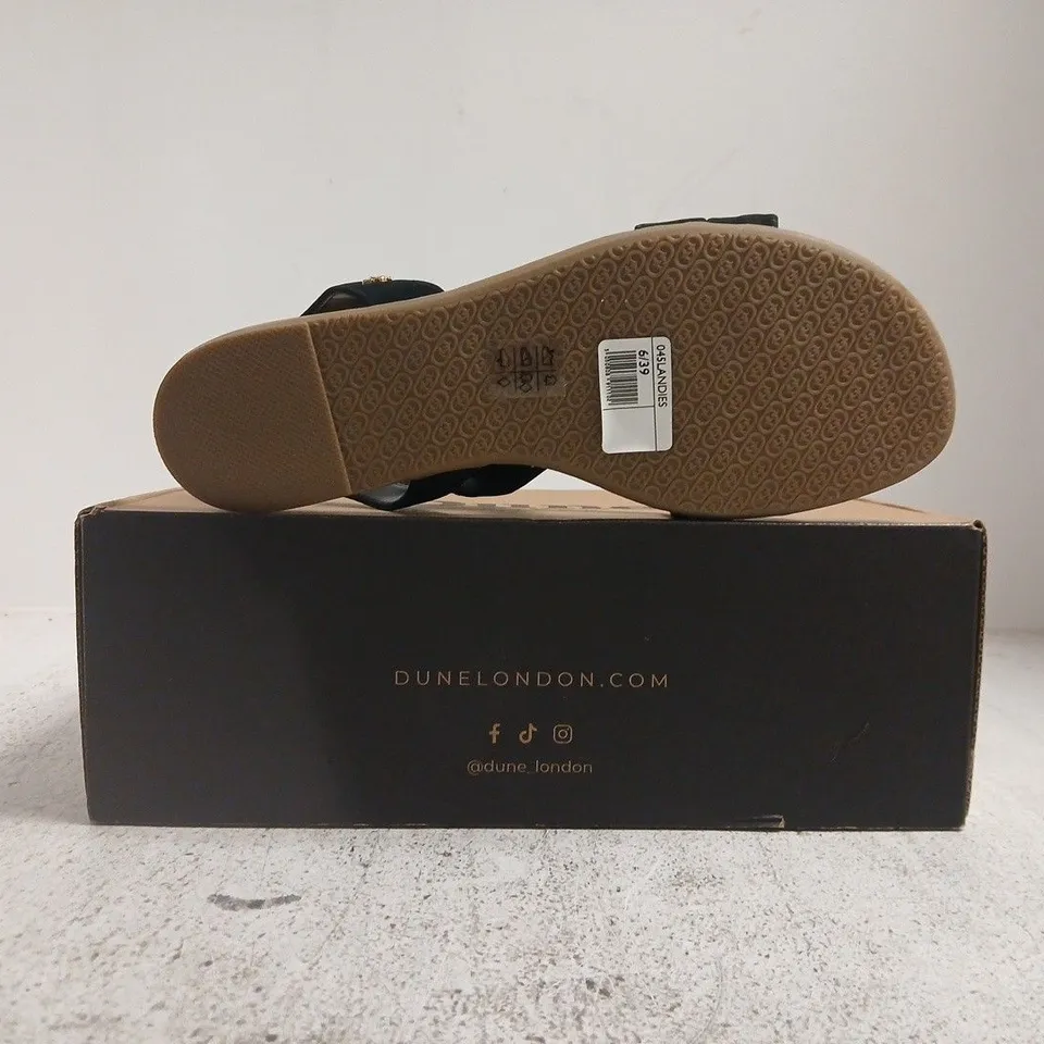 BOXED PAIR OF DUNE LONDON OPEN TOE CROSS STRAP SANDALS IN BLACK SIZE 6
