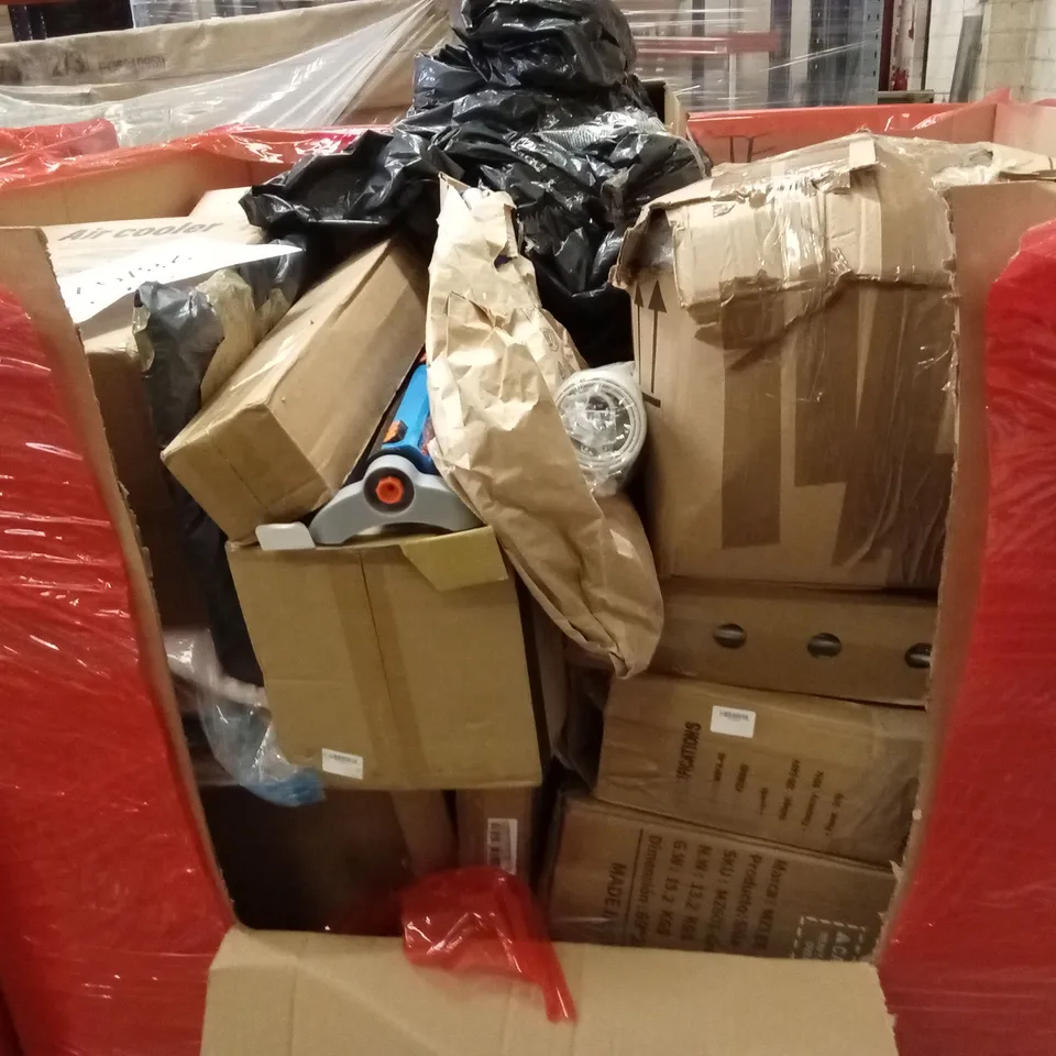 PALLET OF ASSORTED HOUSEHOLD GOODS AND PRODUCTS TO INCLUDE; GARDEN SPRINKLER, AIR COOLER, BOXED FURNITURE ETC